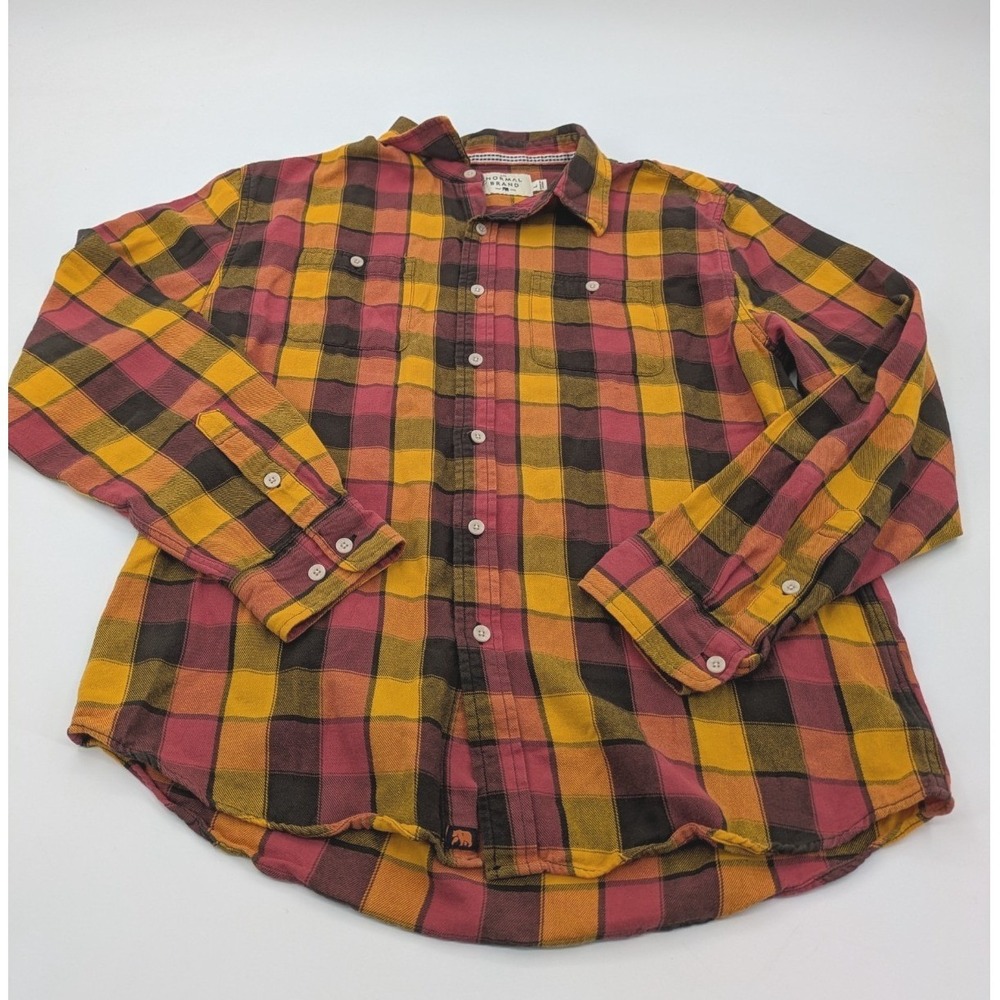 The Normal Brand Shirt Mens L Brown Plaid Cotton Long Sleeves Button Up